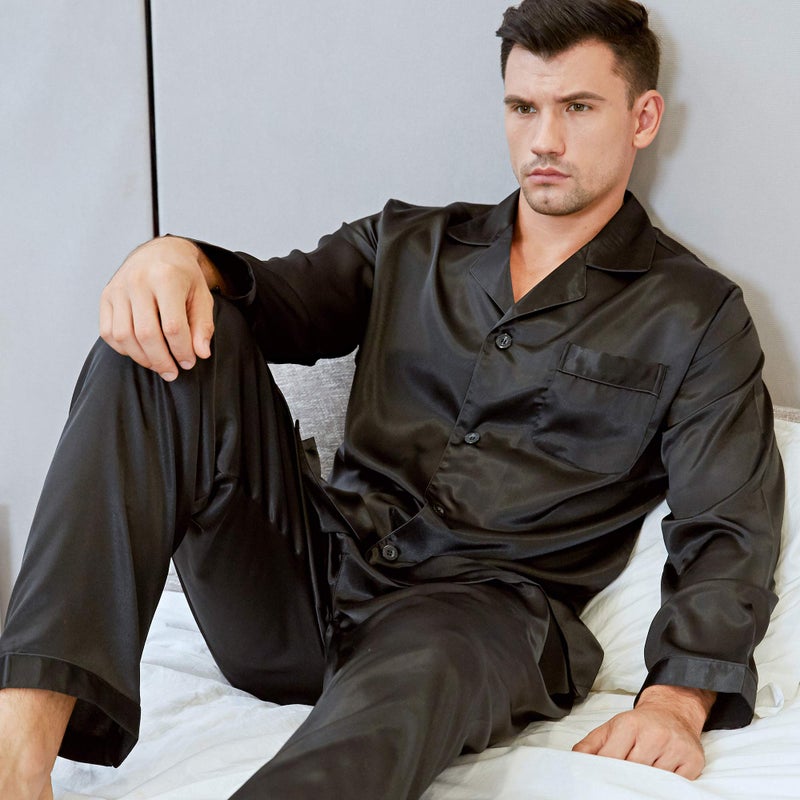 Lonxu طقم بيجامة حرير ساتان للرجال 3XL أسود داكن - Image 5